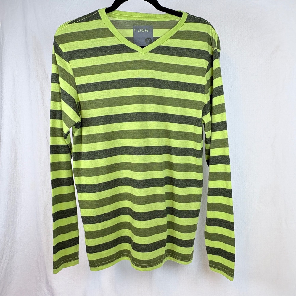 Fusai Mens Lime Green Olive Striped Long Sleeve V-Neck Tee Shirt Top Medium